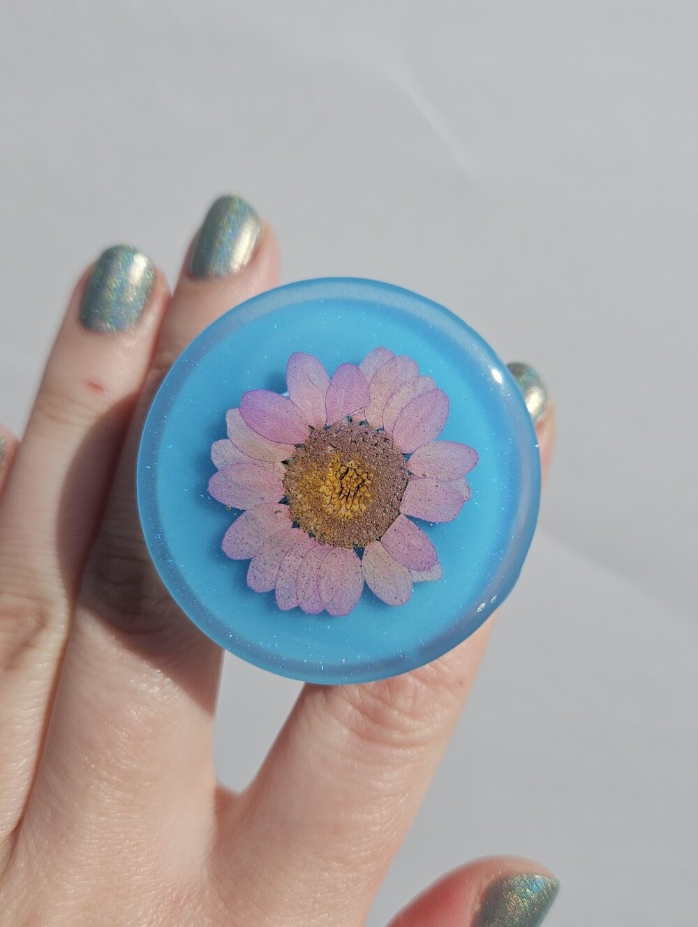 Handmade Blue Glow in the Dark Purple Flower Resin Phone Grip Cute Whimsical